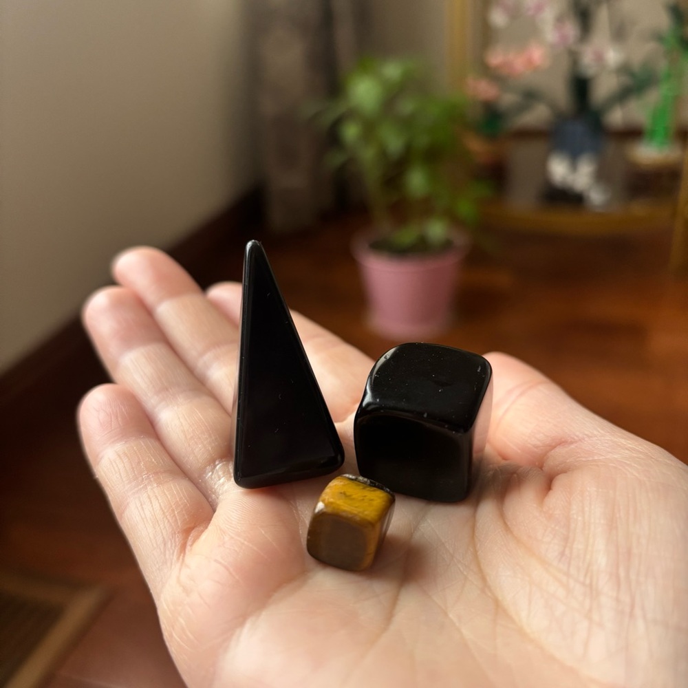 Bundle of 3 Geometric Shaped Crystal Carvings (Black Obsidian and Tigers Eye)